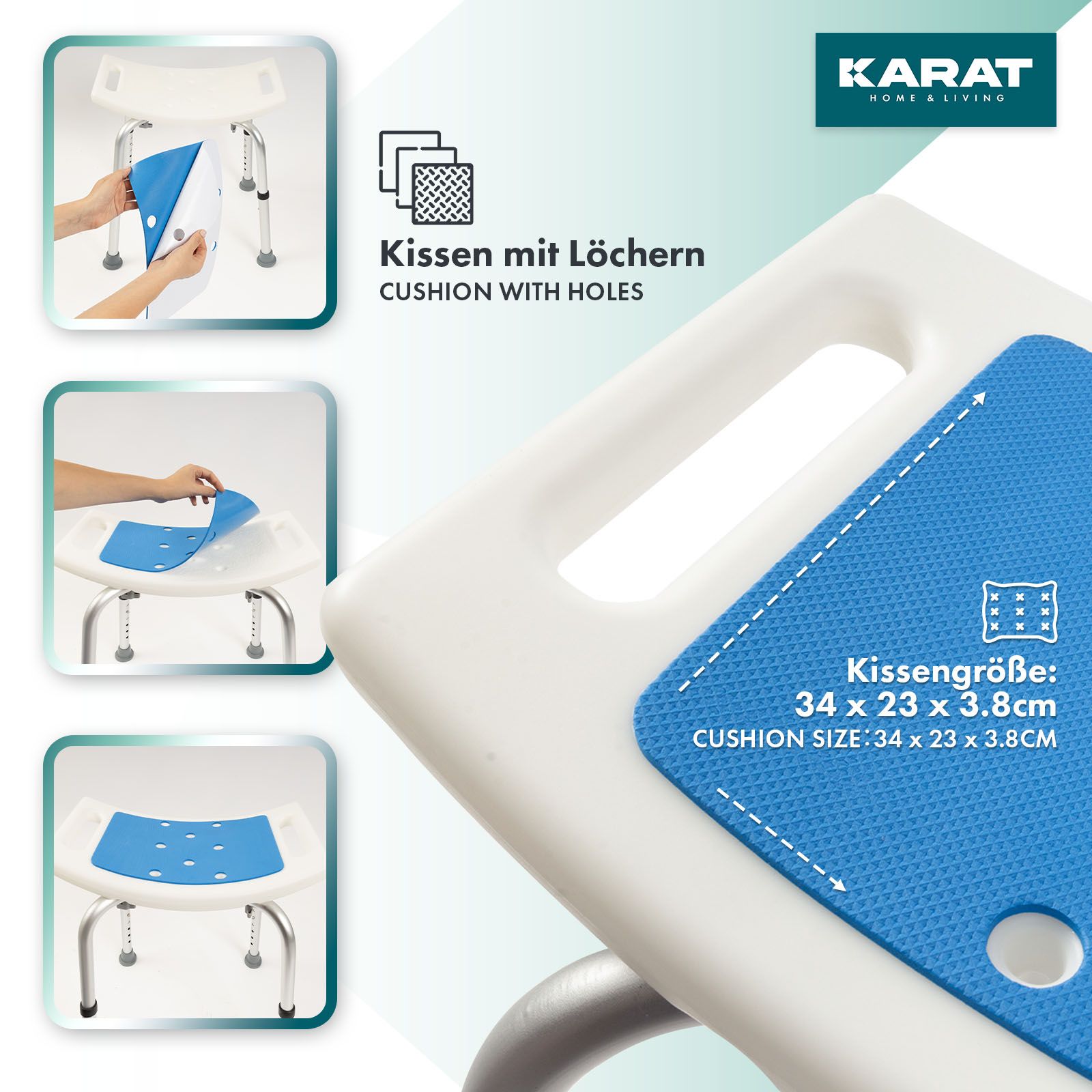 Sgabello per doccia con seduta blu. Cuscino forato. Dimensioni cuscino: 34 x 23 x 3,8 cm.