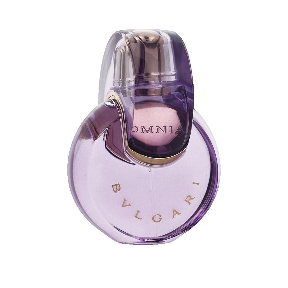 Flacone rotondo viola con tappo dorato. Scritte "BVLGARI" e "OMNIA".