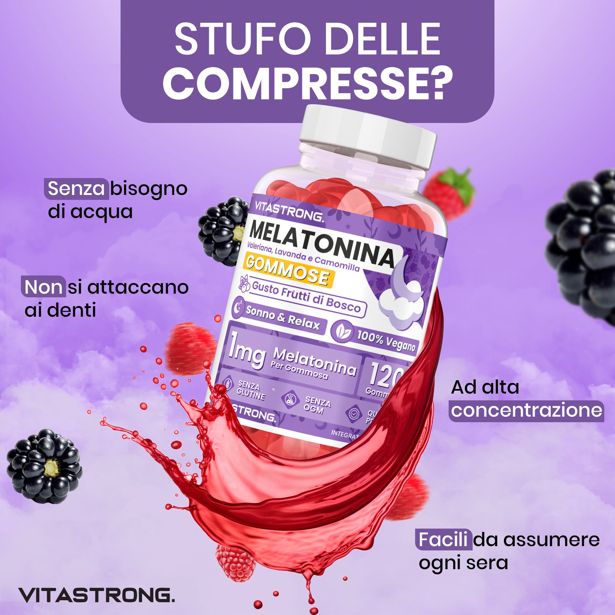 Immagine pubblicitaria con flacone di Melatonin GUMMOSE. Testo: Melatonin, 1mg, 120 caramelle gommose. Sonno & Relax. 100% vegano.