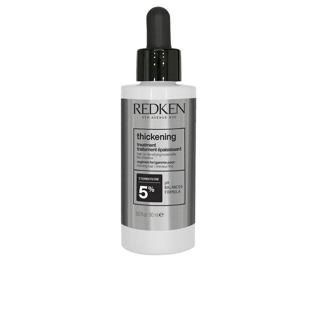 Prodotto Redken con contagocce nero. Scritta: thickening treatment. Contiene 5% Stemoxydine. Flacone bianco.