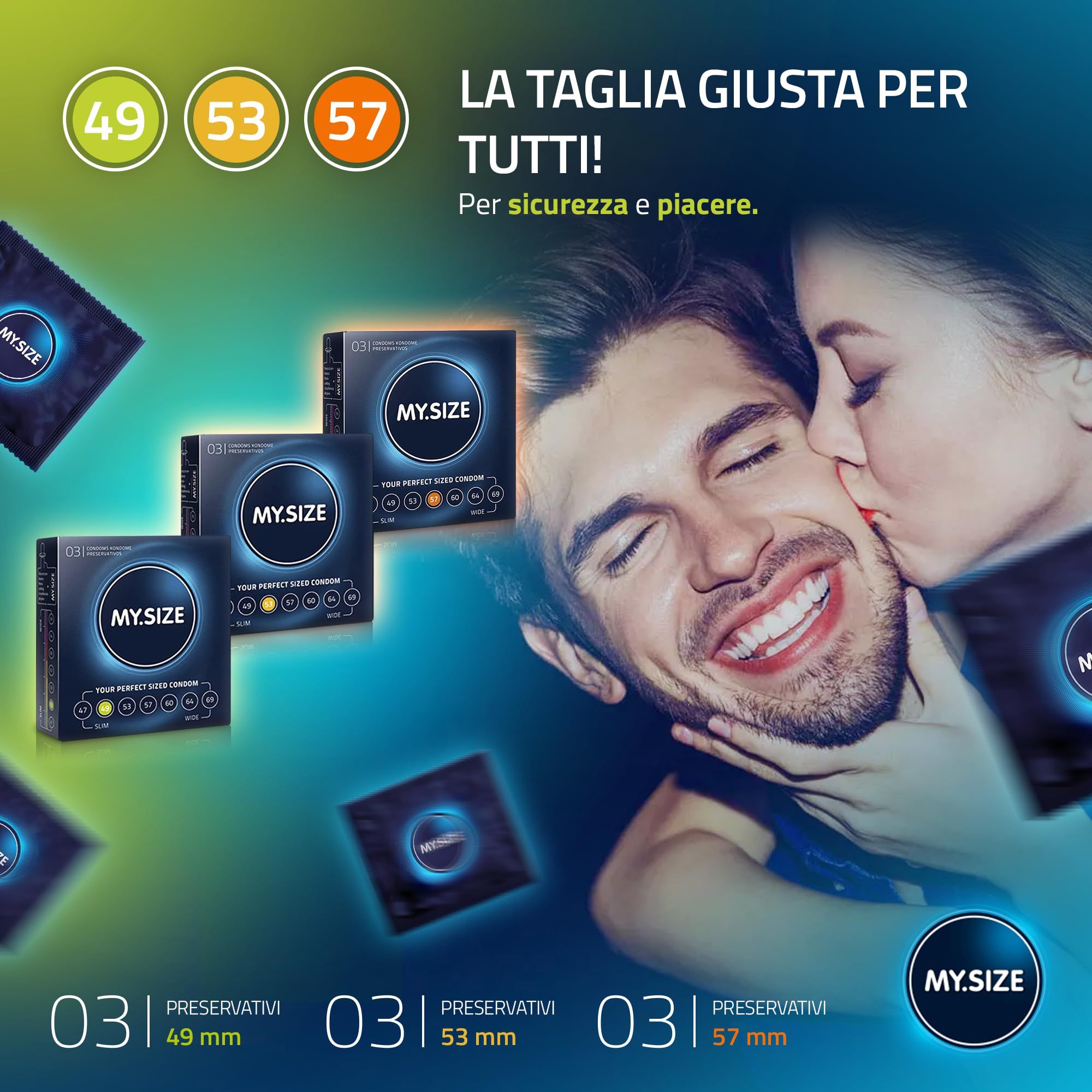 Coppia che si bacia, circondata da confezioni di preservativi MY.SIZE. Misure 49, 53, 57mm.