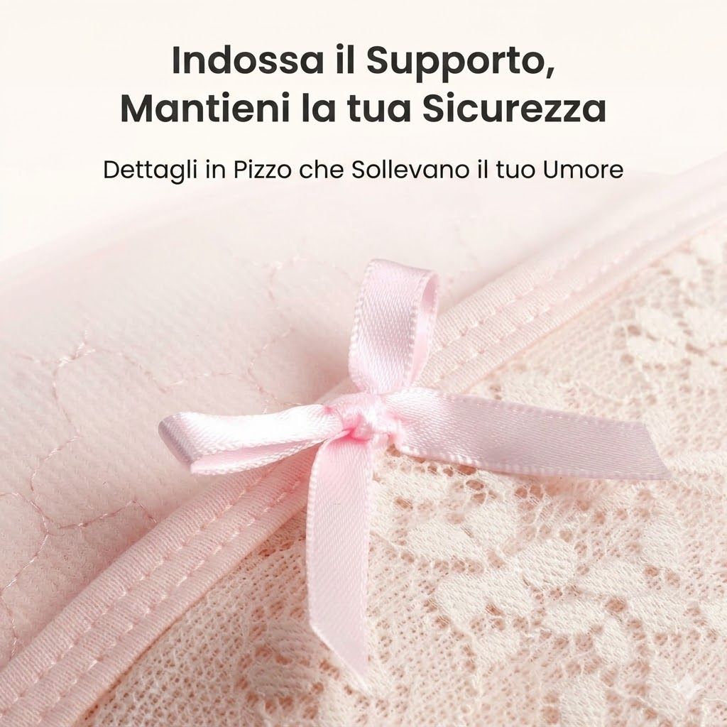Fascia addominale rosa con supporto incrociato a V, con icone per nessun scivolamento, arrotolamento o ammucchiamento.