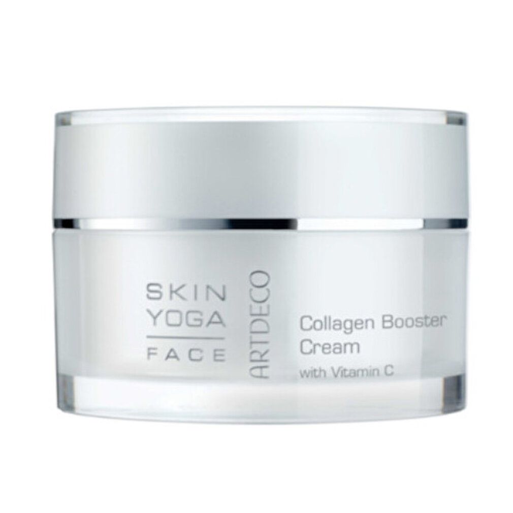 Vasetto bianco con coperchio. Scritta: Skin Yoga Face, Artdeco, Collagen Booster Cream with Vitamin C.