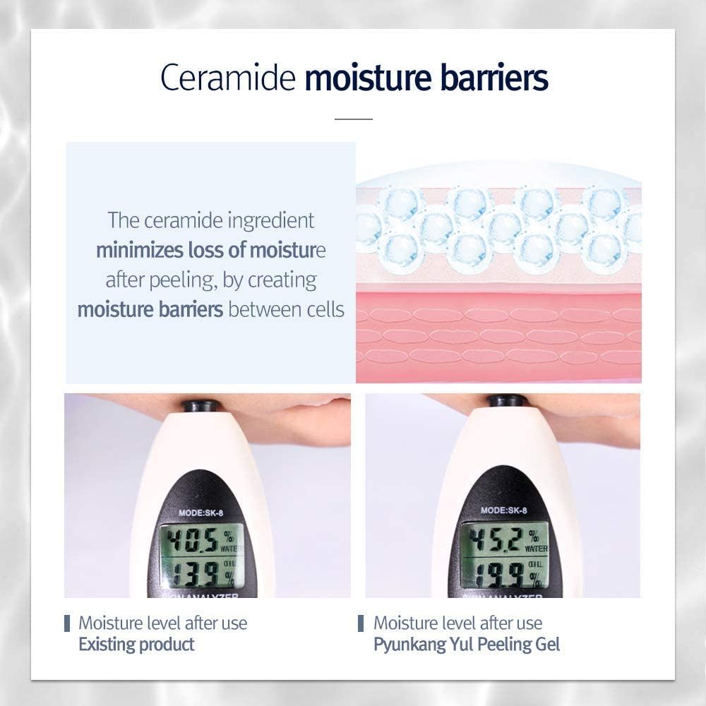 Testo sulle barriere di idratazione delle ceramidi. Immagini di pelle e misuratore.