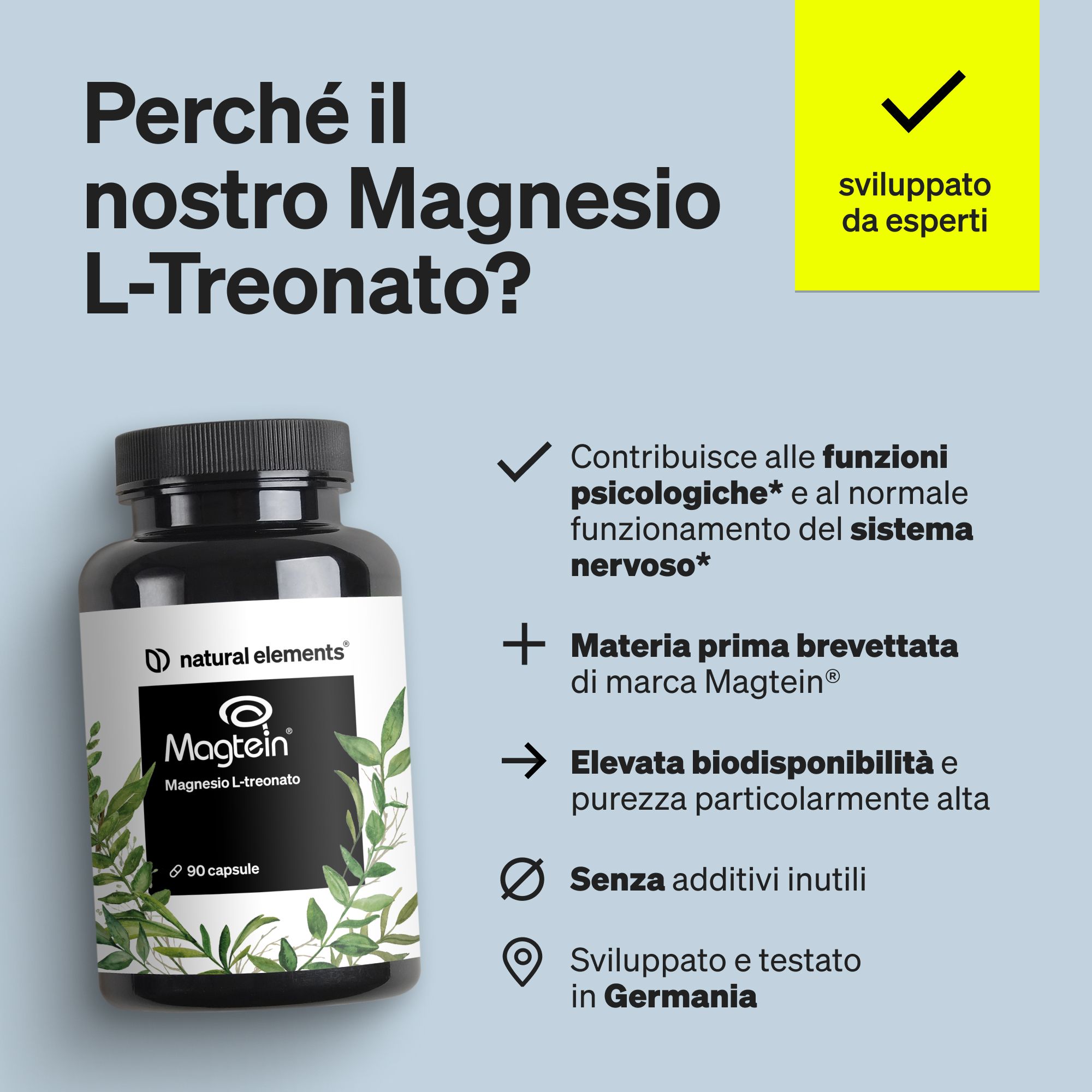 Flacone di capsule di Magnesio L-Treonato di natural elements.