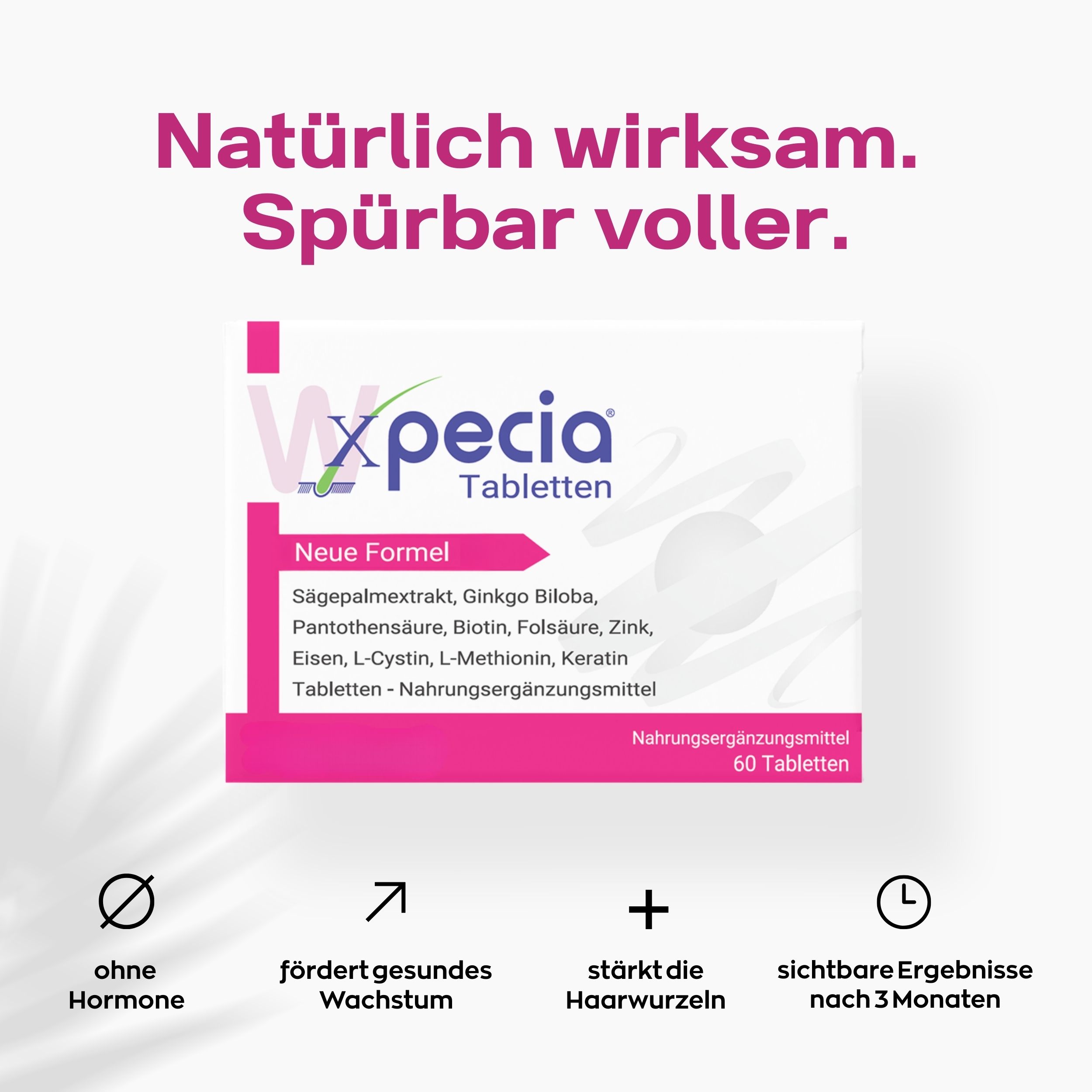Confezione di compresse Xpecia. Confezione bianca con accenti rosa. Testo: Compresse, integratore alimentare. Senza ormoni.