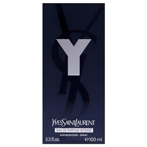 Confezione blu scuro con logo Y bianco e scritta Yves Saint Laurent. Testo: Eau de Parfum Intense.