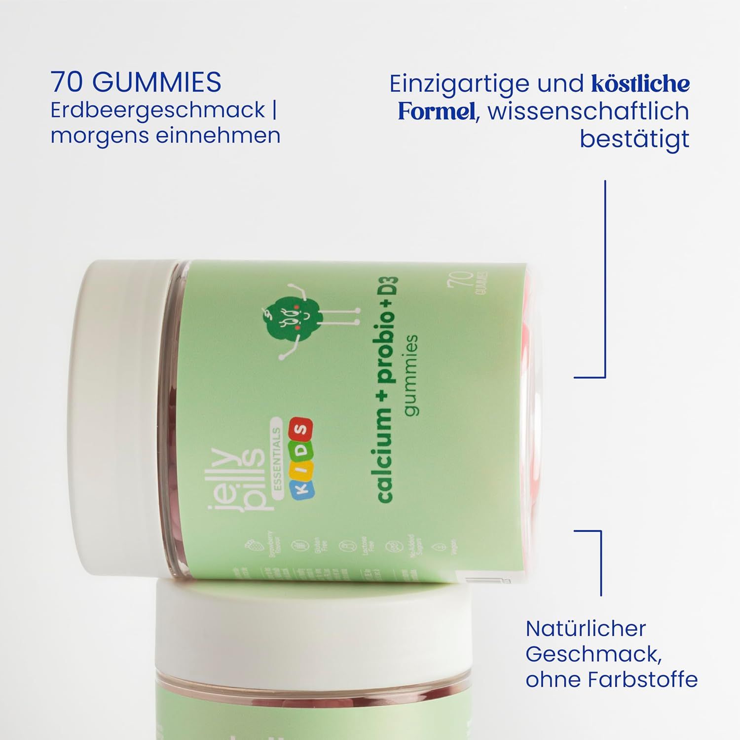 Jelly Pills Kids Gummies, calcium + probio + D3. Scritta: 70 caramelle gommose, gusto fragola. In piedi su un barattolo.