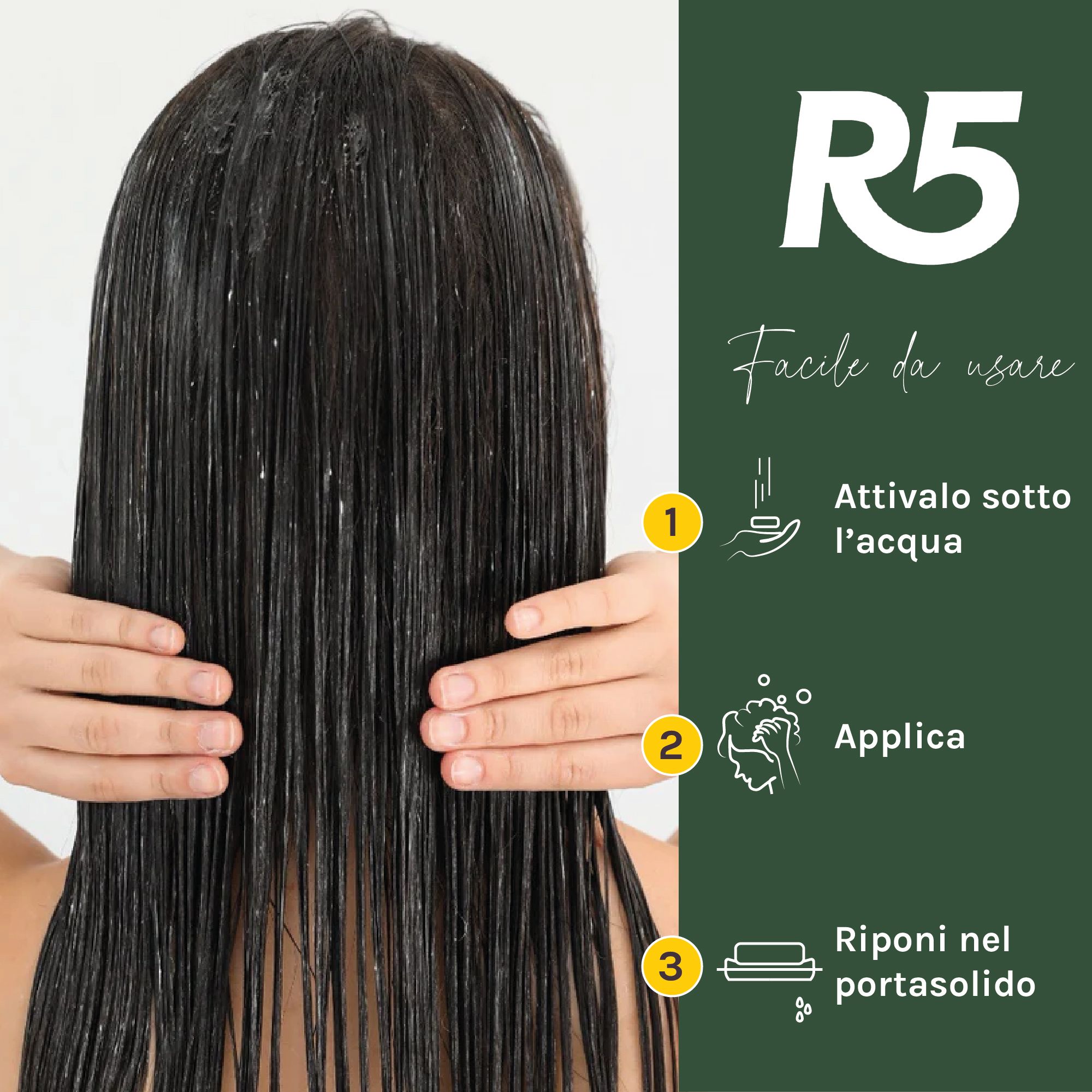 Uso del balsamo solido R5: attivare, applicare, risciacquare.