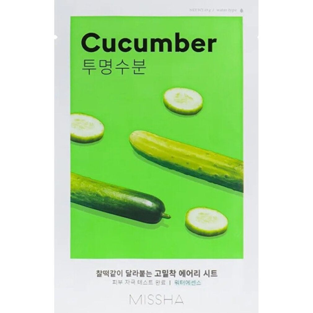 Confezione con sfondo verde, cetrioli e scritta "Cucumber". Marchio: Missha.