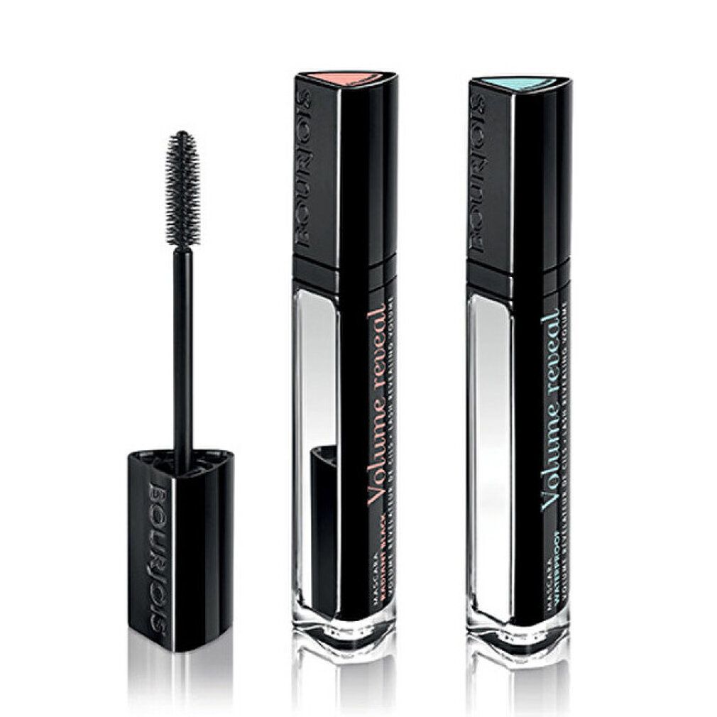 Due tubi di mascara neri e una spazzola. Spazzola estratta. Scritta: Volume Reveal. Manico nero.