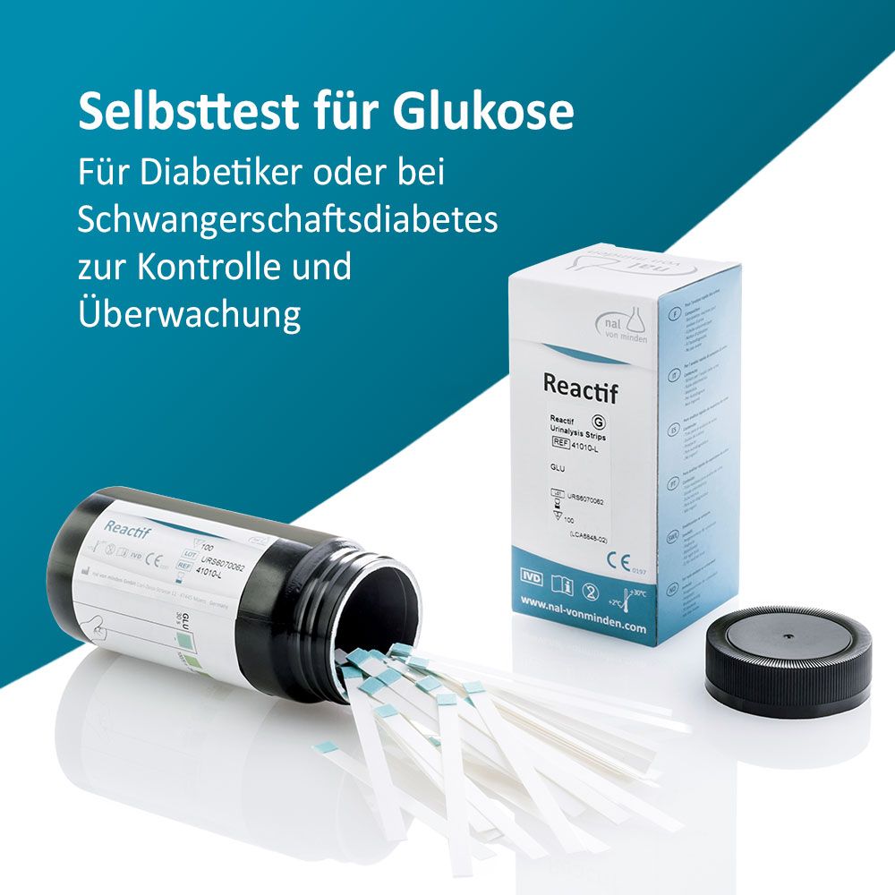 Contenitore con strisce reattive e confezione Reactif. Scritta: Autotest per il glucosio. Per diabetici.