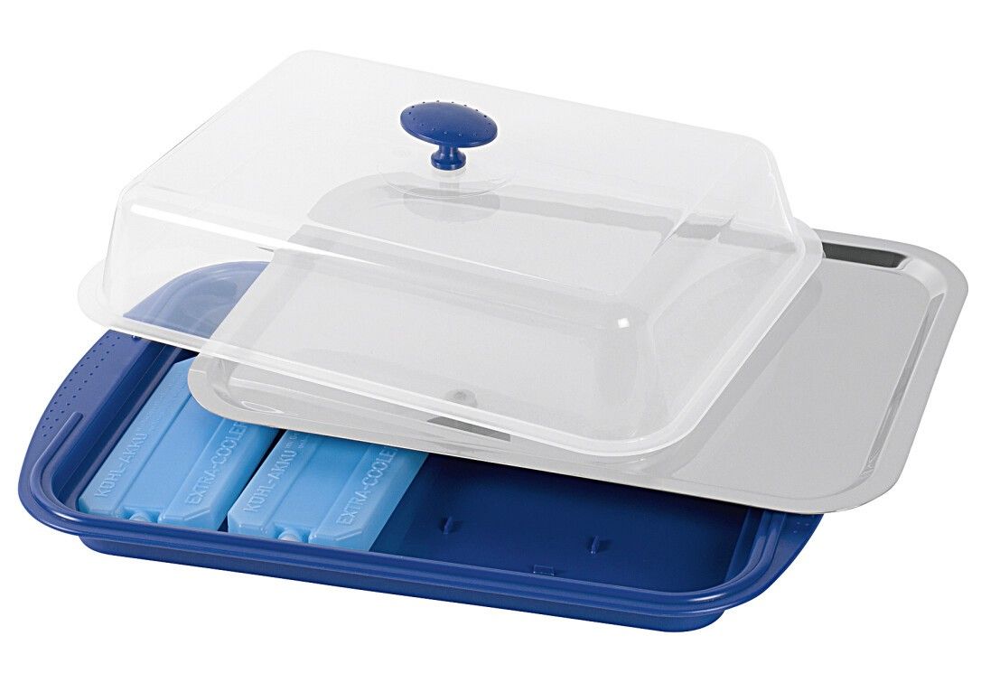 Vassoio refrigerante con coperchio. Base blu, vassoio argento, coperchio trasparente. Piastre refrigeranti blu nella base. Maniglia blu.