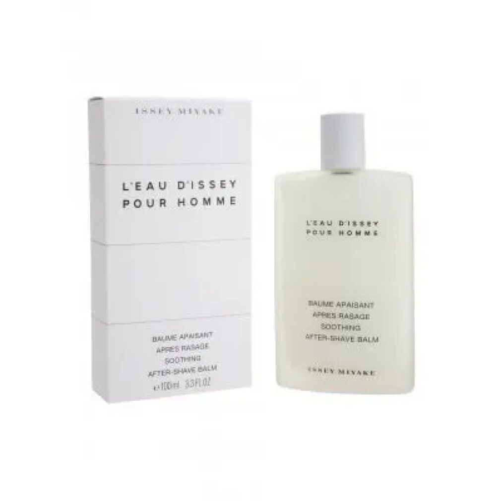 Flacone e confezione bianchi. Testo L'Eau d'Issey pour Homme. Testo: Baume Apaisant, Après Rasage, Soothing, After-Shave Balm. Marchio: Issey Miyake.