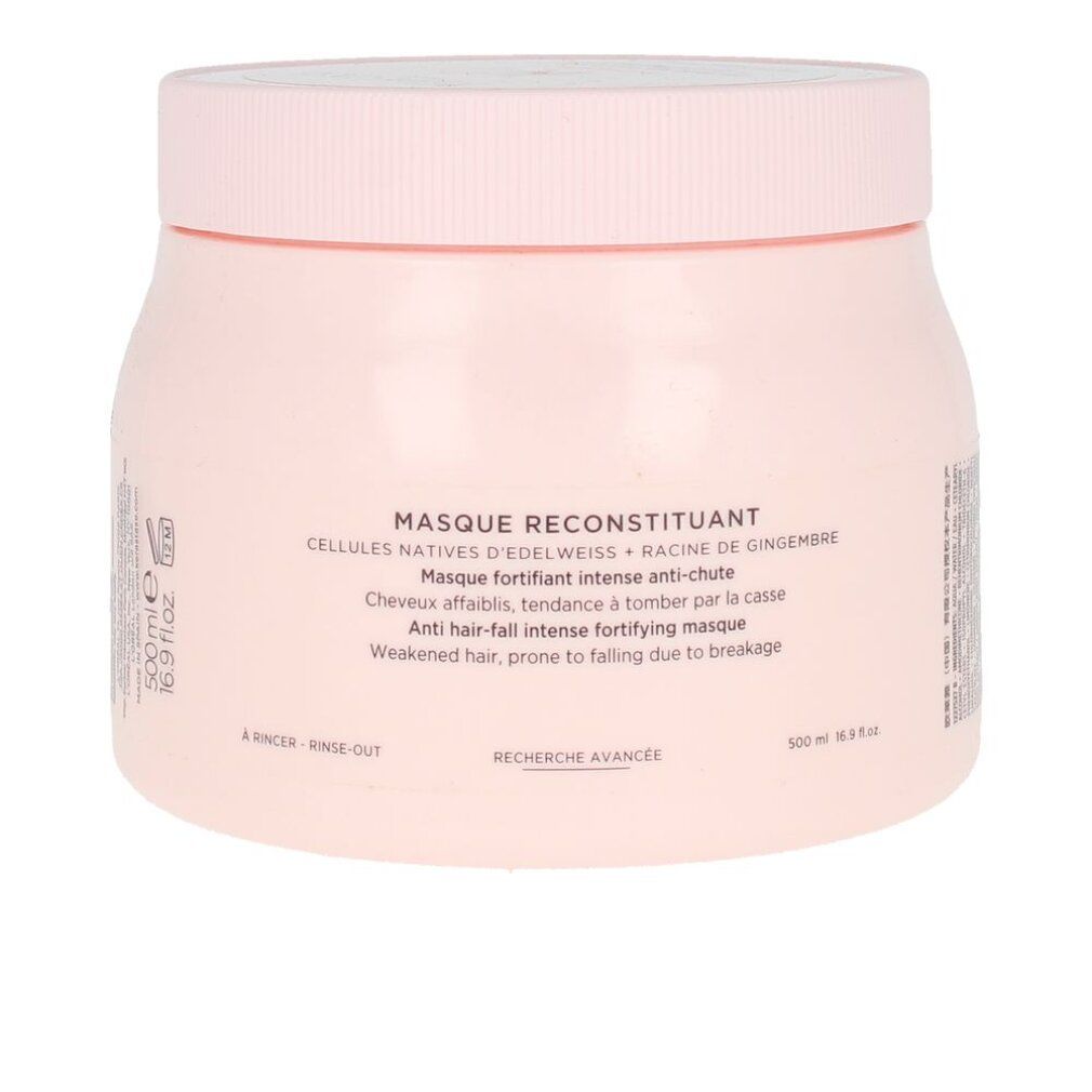 Vaso rosa con coperchio. Testo: Masque Reconstituant, Anti-caduta, 500ml. Vista posteriore.
