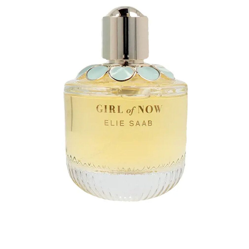 Elie Saab Girl of Now EdP Nat. Spray. Flacone in vetro con tappo dorato e fiori azzurri. Scritta Girl of Now.