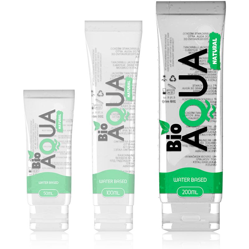 Tre tubi con scritte. Bio Aqua, Water Based, Natural. Formati: 50ml, 100ml, 200ml.