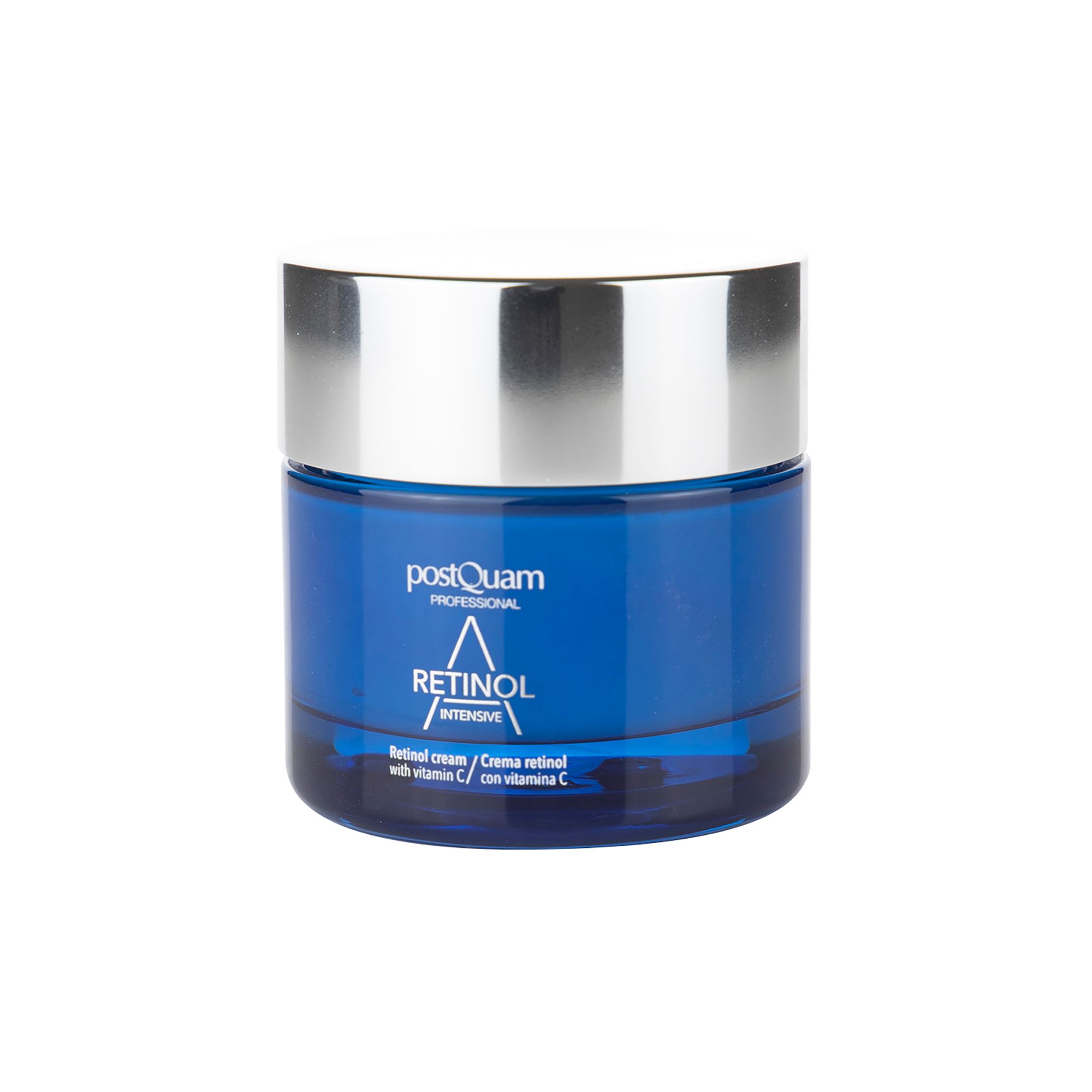 Vaso blu con coperchio argentato. Scritta: Retinol Intensive, Retinol cream with vitamin C.