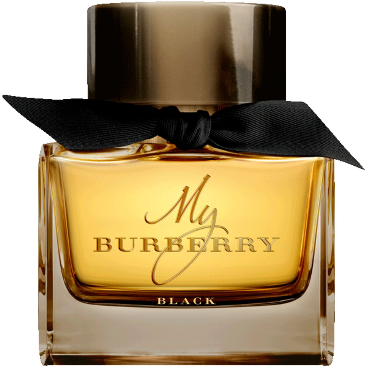 Burberry My Burberry Black E.d.P. Nat. Spray. Flacone quadrato con fiocco nero. Scritta dorata sul flacone.