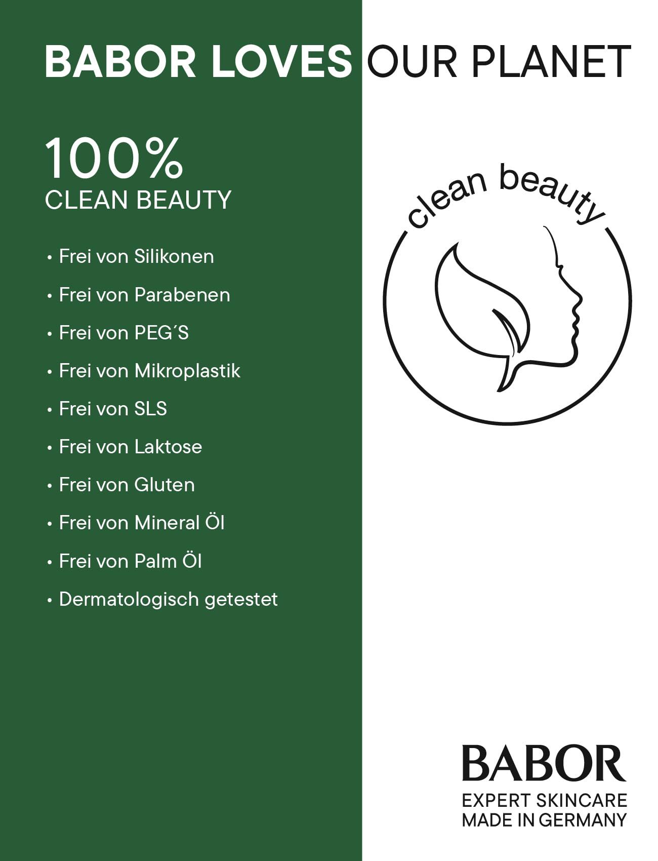 Poster verde con testo: BABOR LOVES OUR PLANET. Logo e testo: 100% CLEAN BEAUTY.