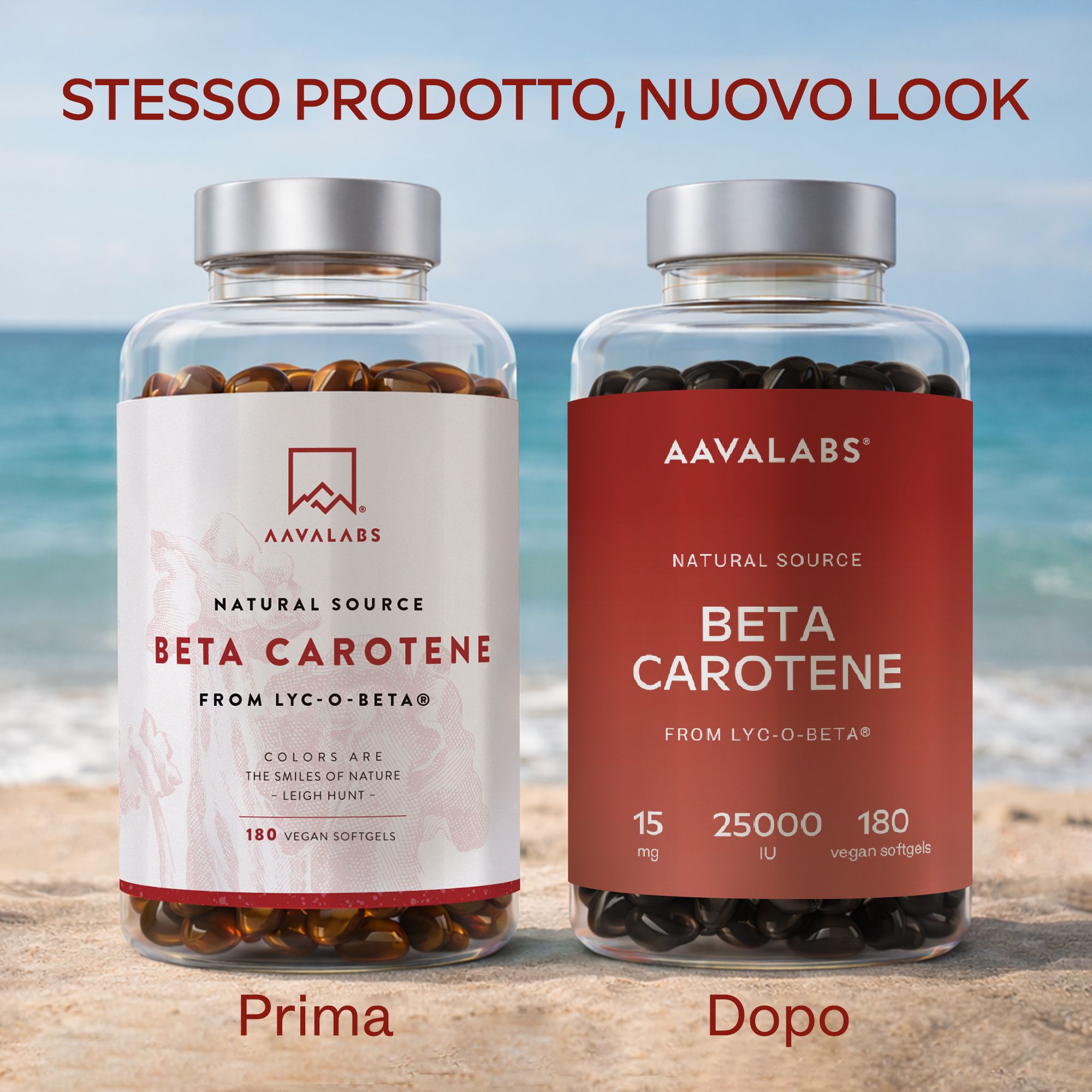 Flacone Aavalabs Beta Carotene. 15 mg, 25.000 UI, Vitamina A, olio d'oliva.