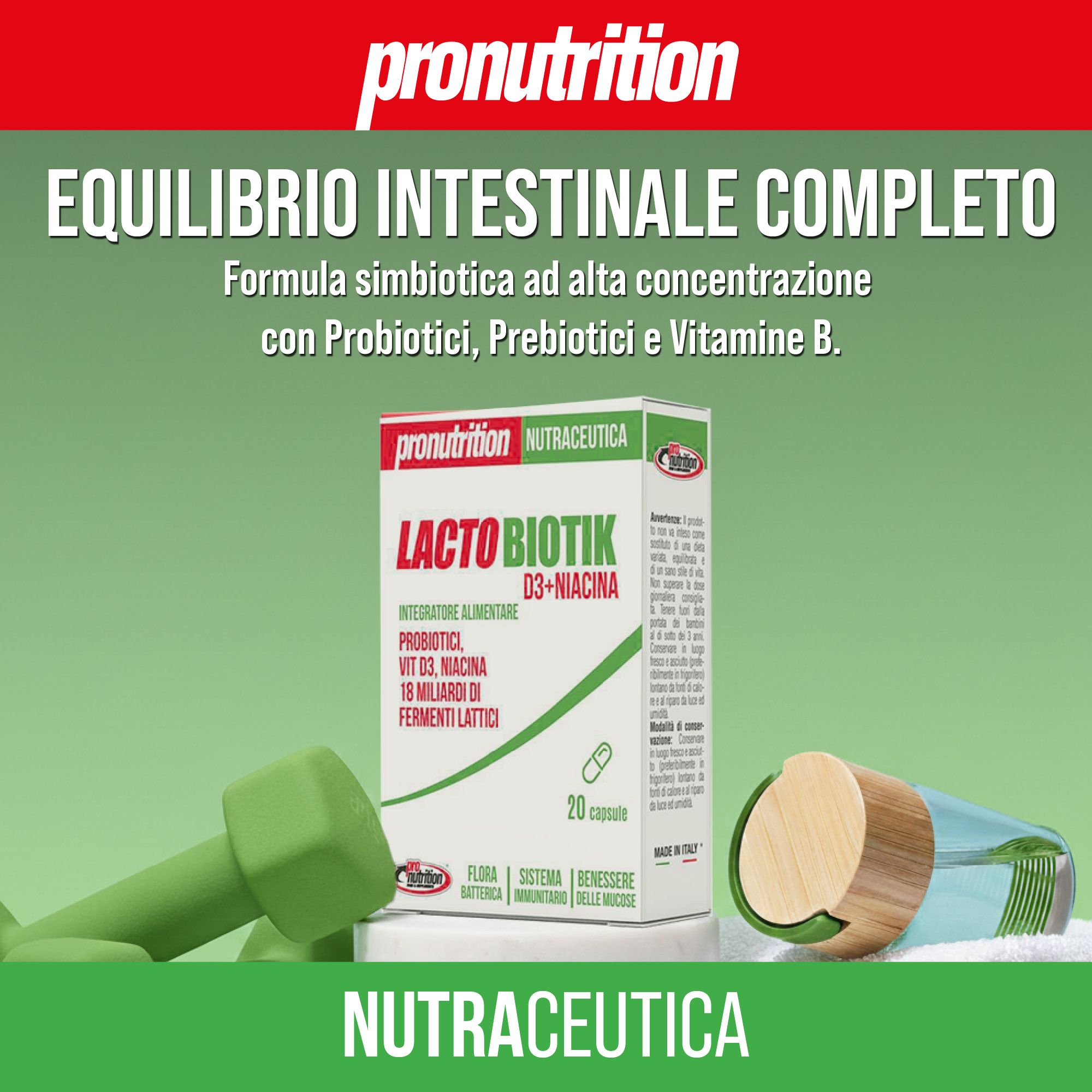 Scatola di Lacto Biotik, 20 capsule. Contiene probiotici, prebiotici e vitamina B. Design verde e bianco. Marchio Pronutrition.