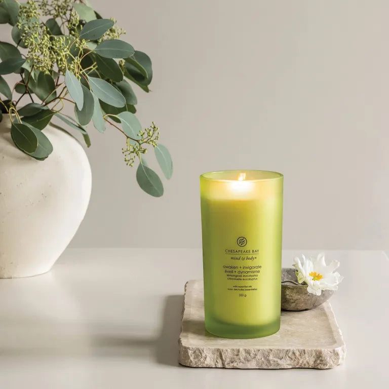 Candela verde accesa in contenitore di vetro. Scritta: Chesapeake Bay mind & body, awaken + invigorate, 355 g.