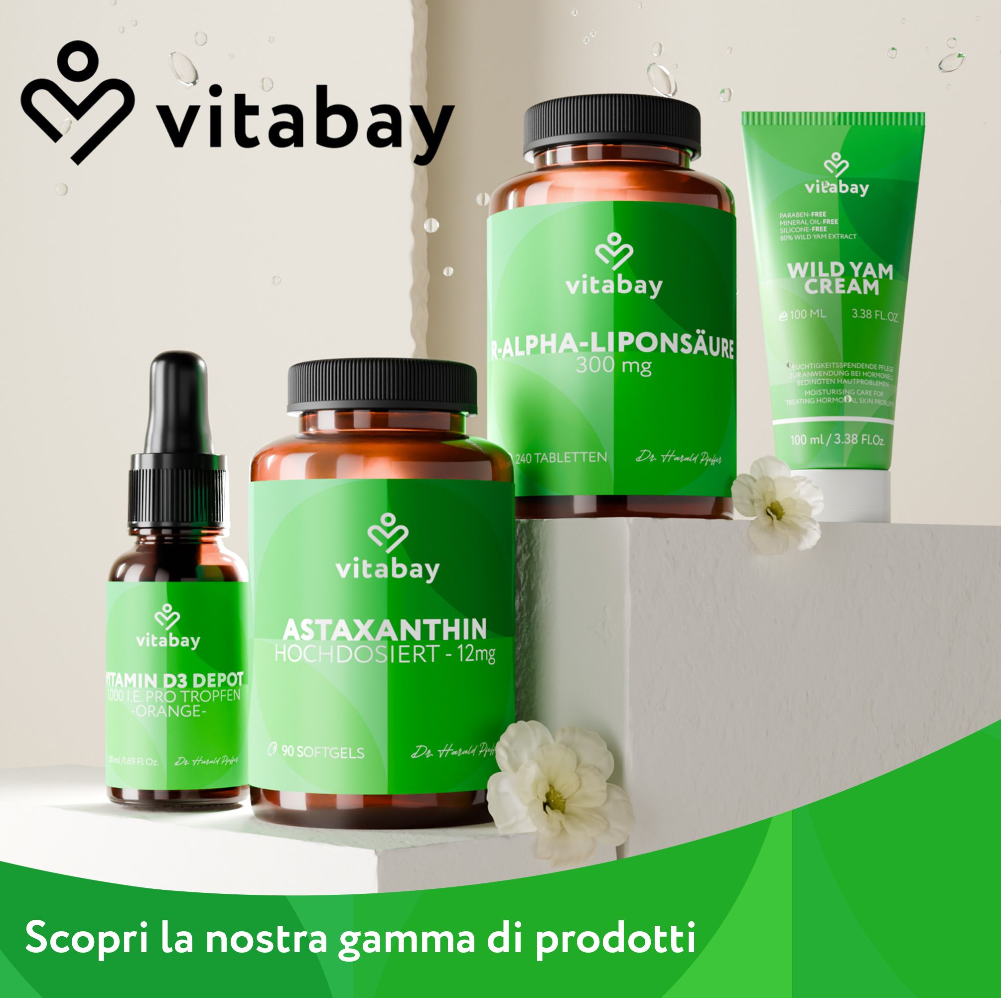 Gamma di prodotti Vitabay: Astaxantina, Acido Alfa-Lipoico, Vitamina D3, Crema di Wild Yam.