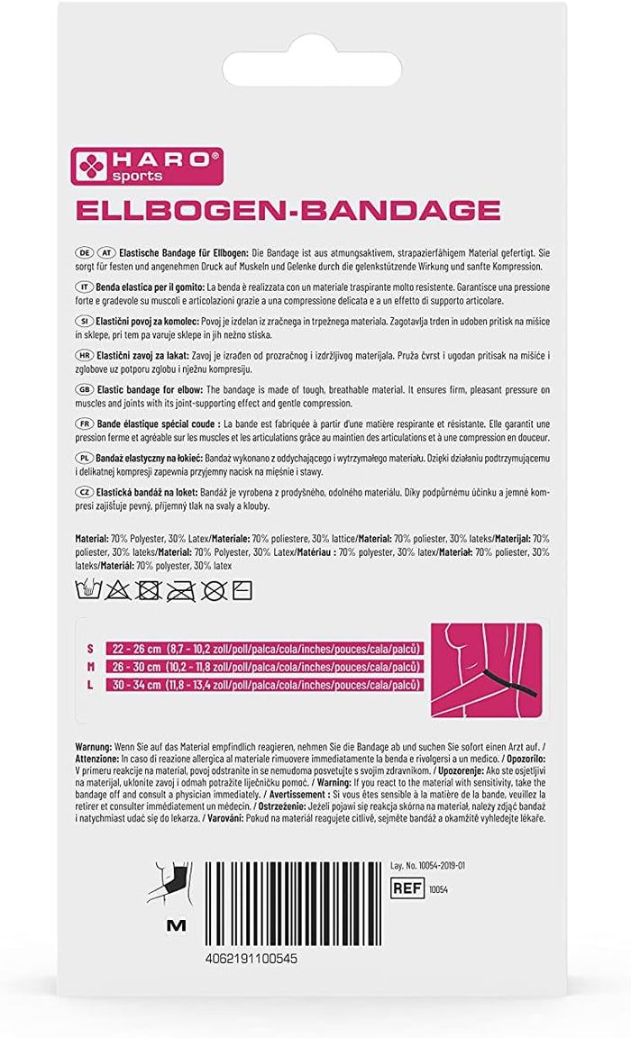 Retro della confezione Haro Ellbogenbandage. Testo multilingue. Taglie S, M, L. Composizione del materiale.