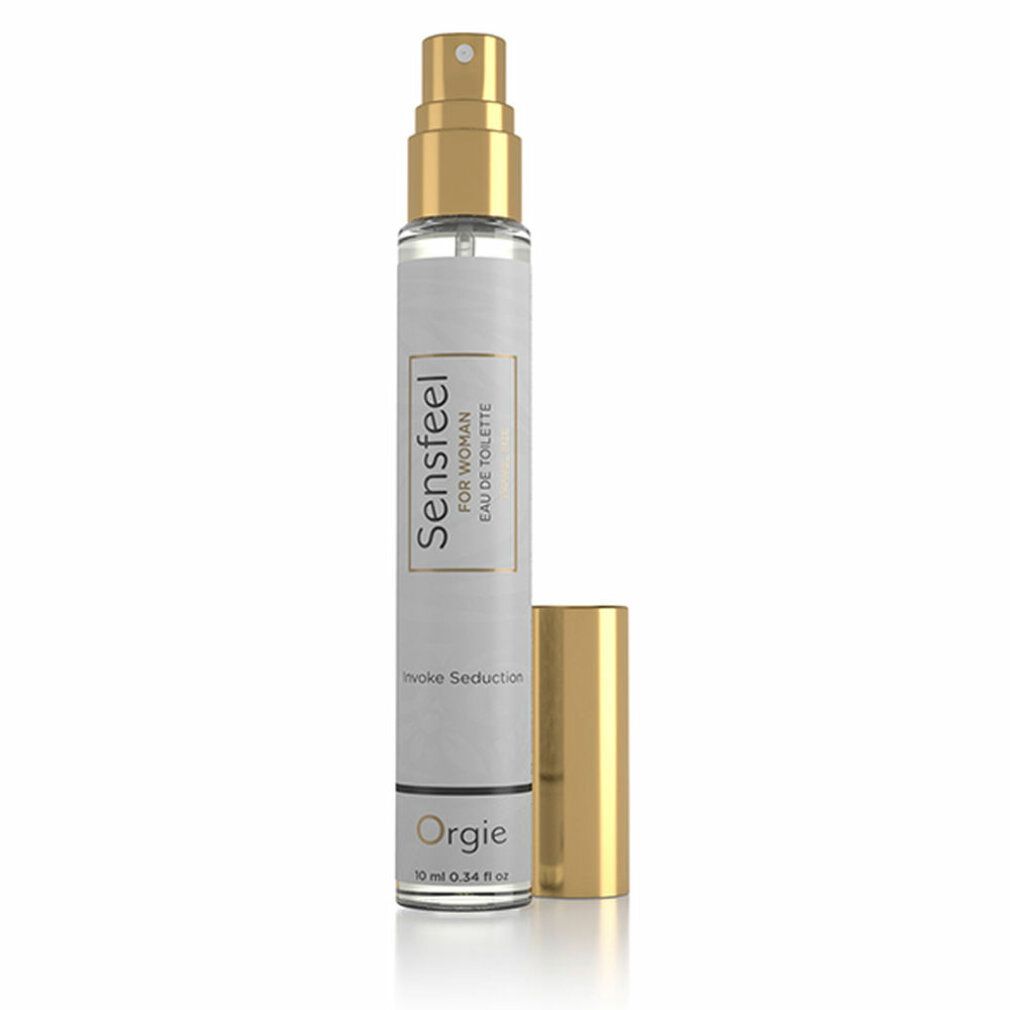 Flacone di profumo con tappo dorato. Scritta: Sensfeel, Eau de Toilette, Orgie. Tappo aperto accanto.