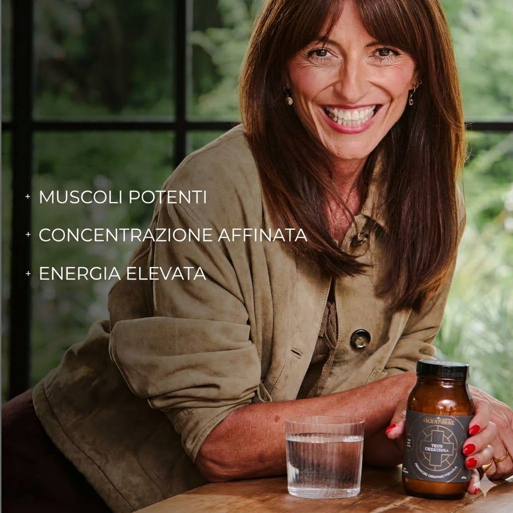Una donna beve da un bicchiere, accanto a statistiche su forza muscolare, energia e concentrazione.