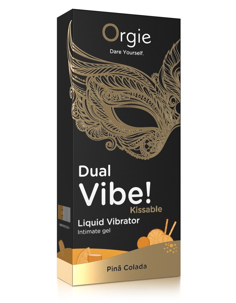 Orgie Dual Vibe Piná Colada Liquid Vibrator Intimate Gel confezione.