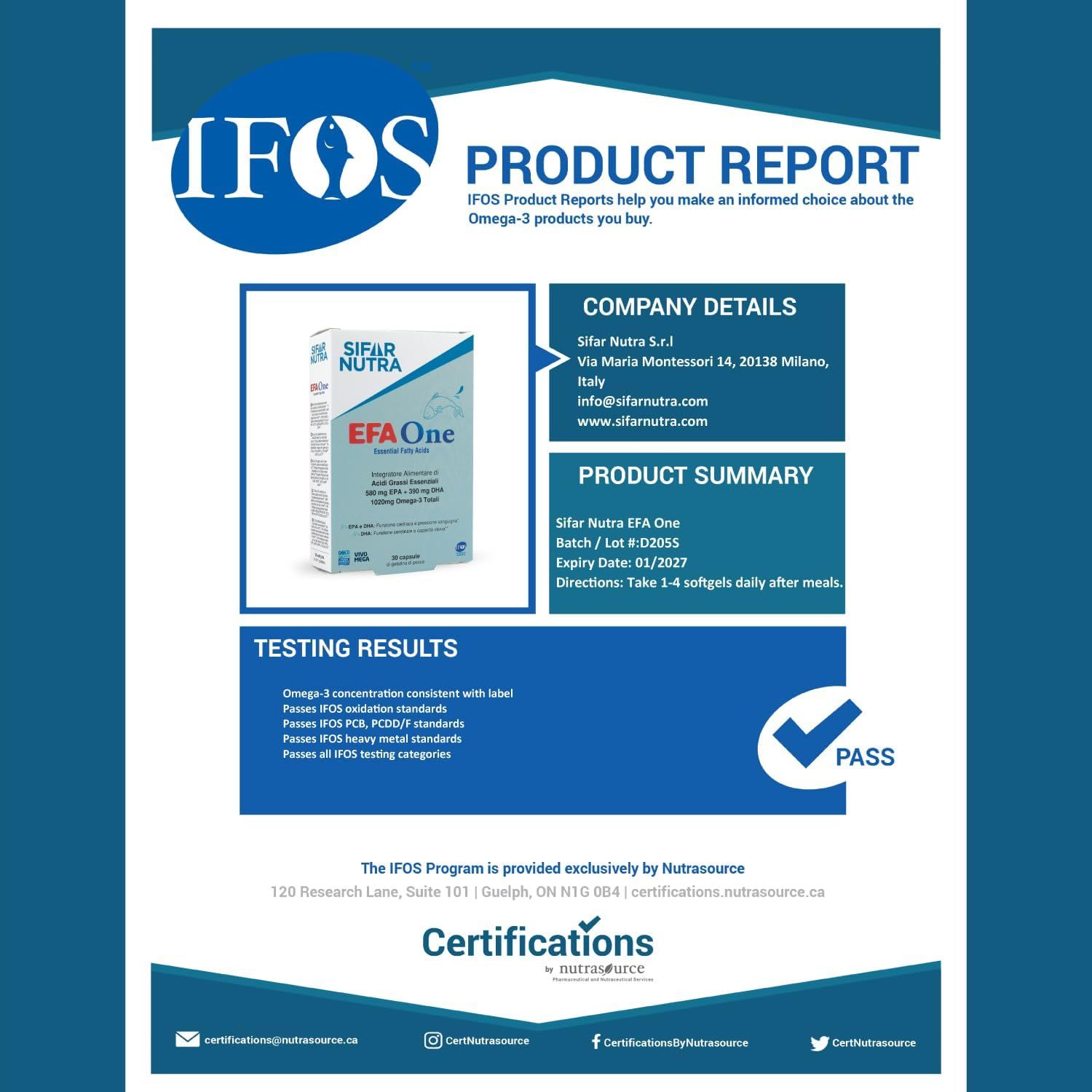 Rapporto prodotto IFOS. Sifar Nutra EFA One. Informazioni su azienda, prodotto, risultati dei test e certificazioni.