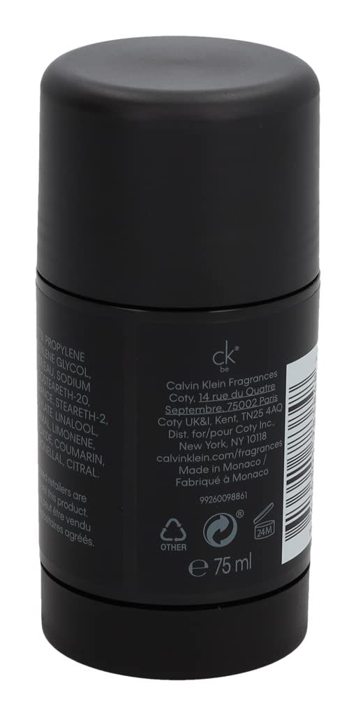 Retro dello stick deodorante nero con testo, tra cui "Calvin Klein Fragrances" e ingredienti.