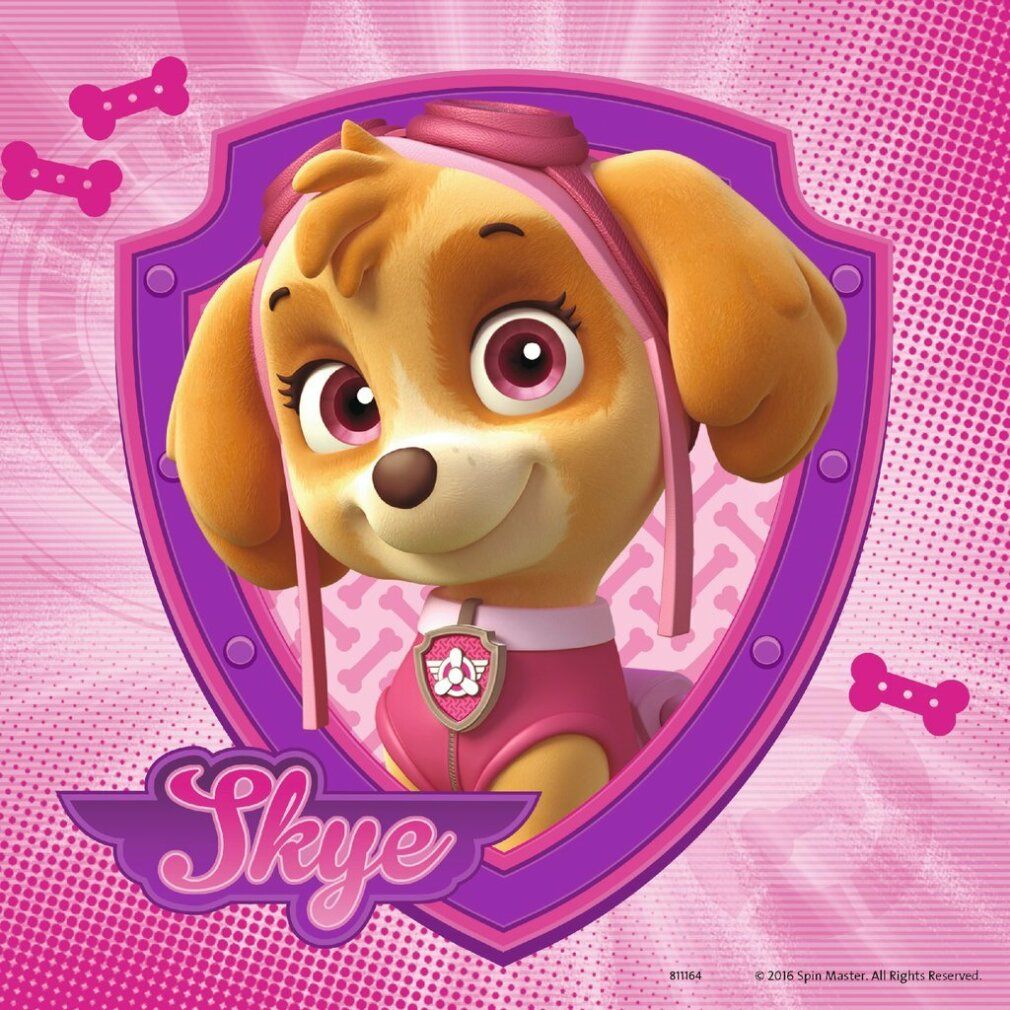 Skye, personaggio di Paw Patrol, in uno scudo rosa. Indossa una tuta rosa e un cappello rosa. Lo sfondo è rosa.
