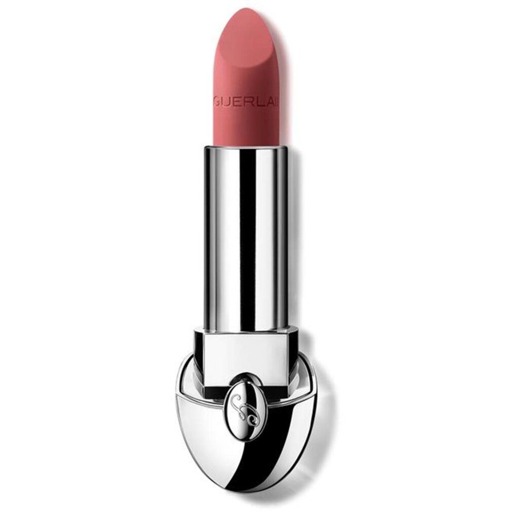 Rossetto opaco rosa. Corpo in metallo argentato con logo del marchio. Scritta "GUERLAIN".