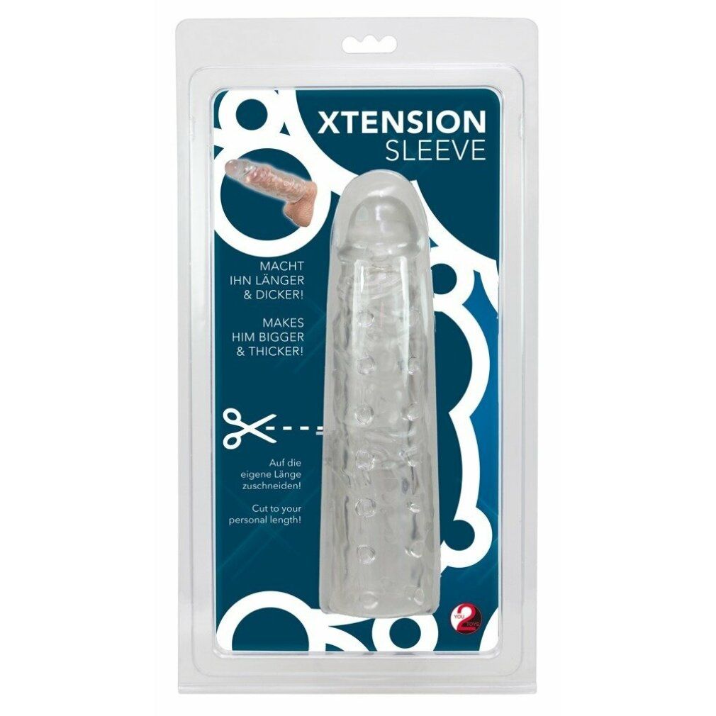 Confezione con guaina peniena. Testo: Xtension Sleeve, Macht ihn länger & dicker, Cut to your personal length.