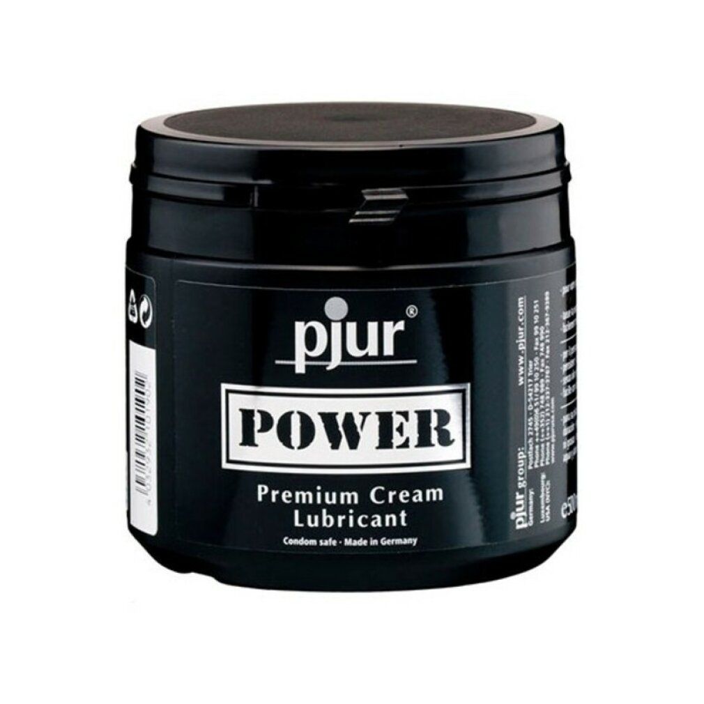 Vaso nero con coperchio. Scritta: pjur, POWER, Premium Cream, Personal Lubricant, condom safe, Made in Germany.