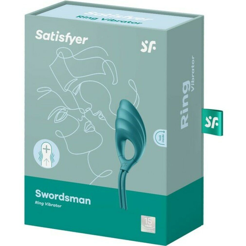 Confezione del vibratore ad anello. Scritta: Satisfyer, Swordsman, Ring Vibrator. Illustrazione di una coppia. Logo SF.