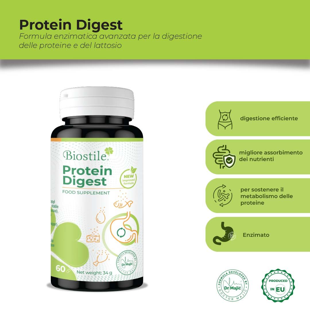 Flacone di prodotto Biostile Protein Digest e infografica. Contiene 60 capsule. Con ingredienti.