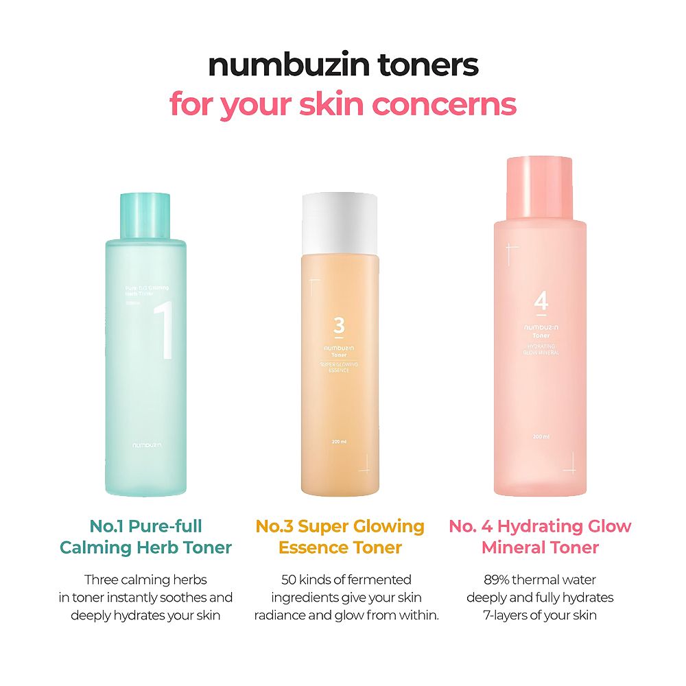 Tre flaconi di toner: verde, giallo, rosa. Testo: "numbuzin toners".