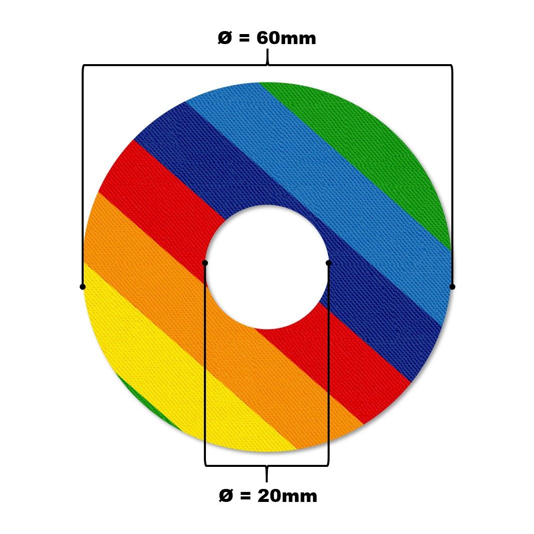 Anello fissaggio arcobaleno, foro centrale, dimensioni: Ø 60mm, foro Ø 20mm.