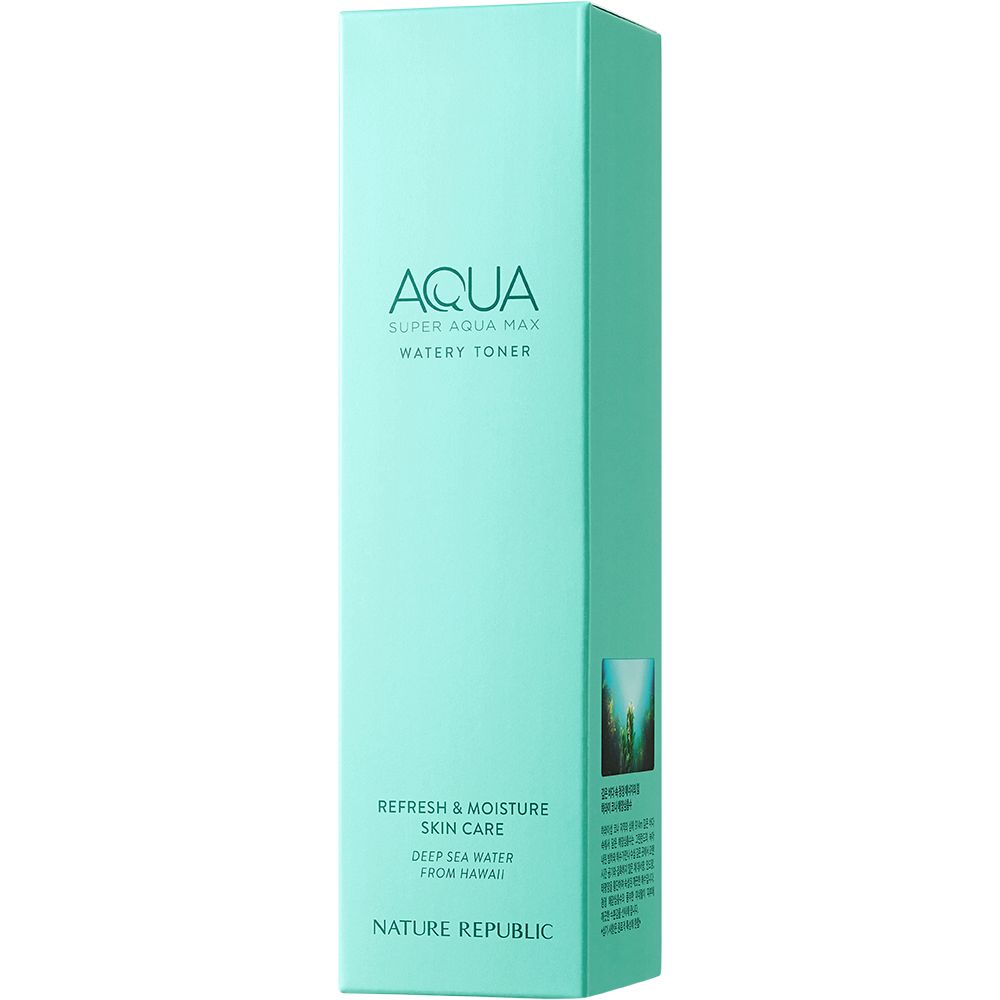Confezione turchese. Scritte: Aqua Super Aqua Max Watery Toner, Refresh & Moisture Skin Care, Nature Republic.