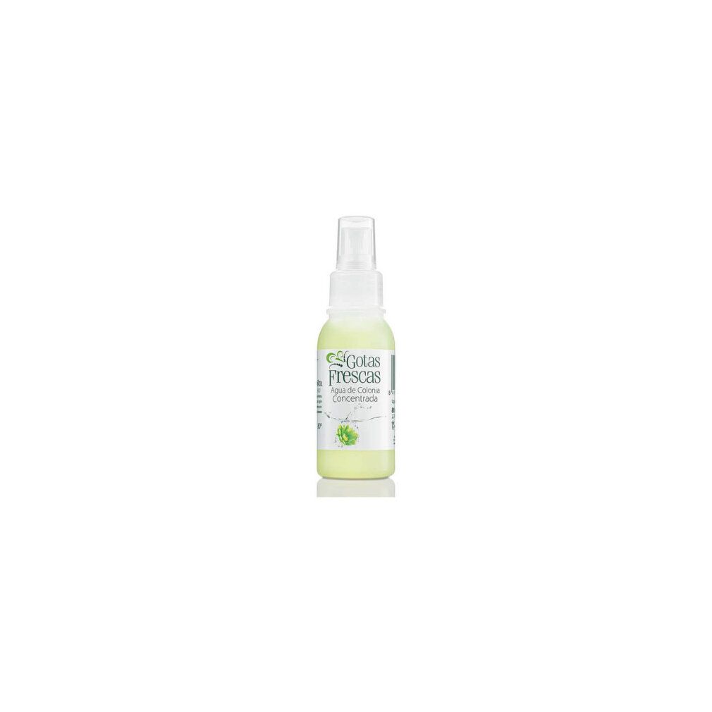 Piccolo flacone spray bianco con liquido trasparente. Scritta: Gotas Frescas, Agua de Colonia Concentrada.