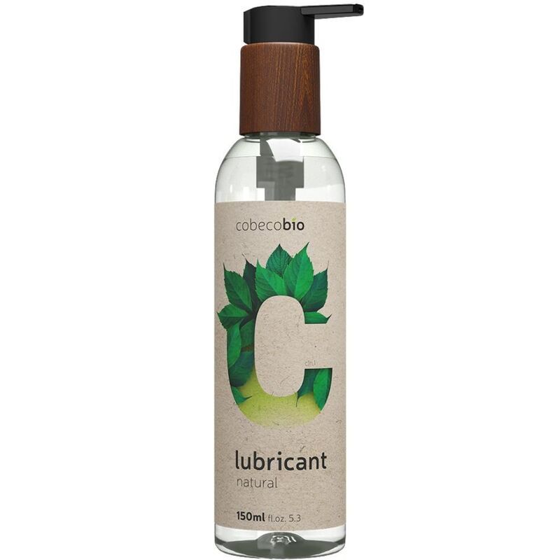 Flacone di lubrificante Cobeco Bio con dispenser a pompa e accenti effetto legno. Lubrificante naturale.