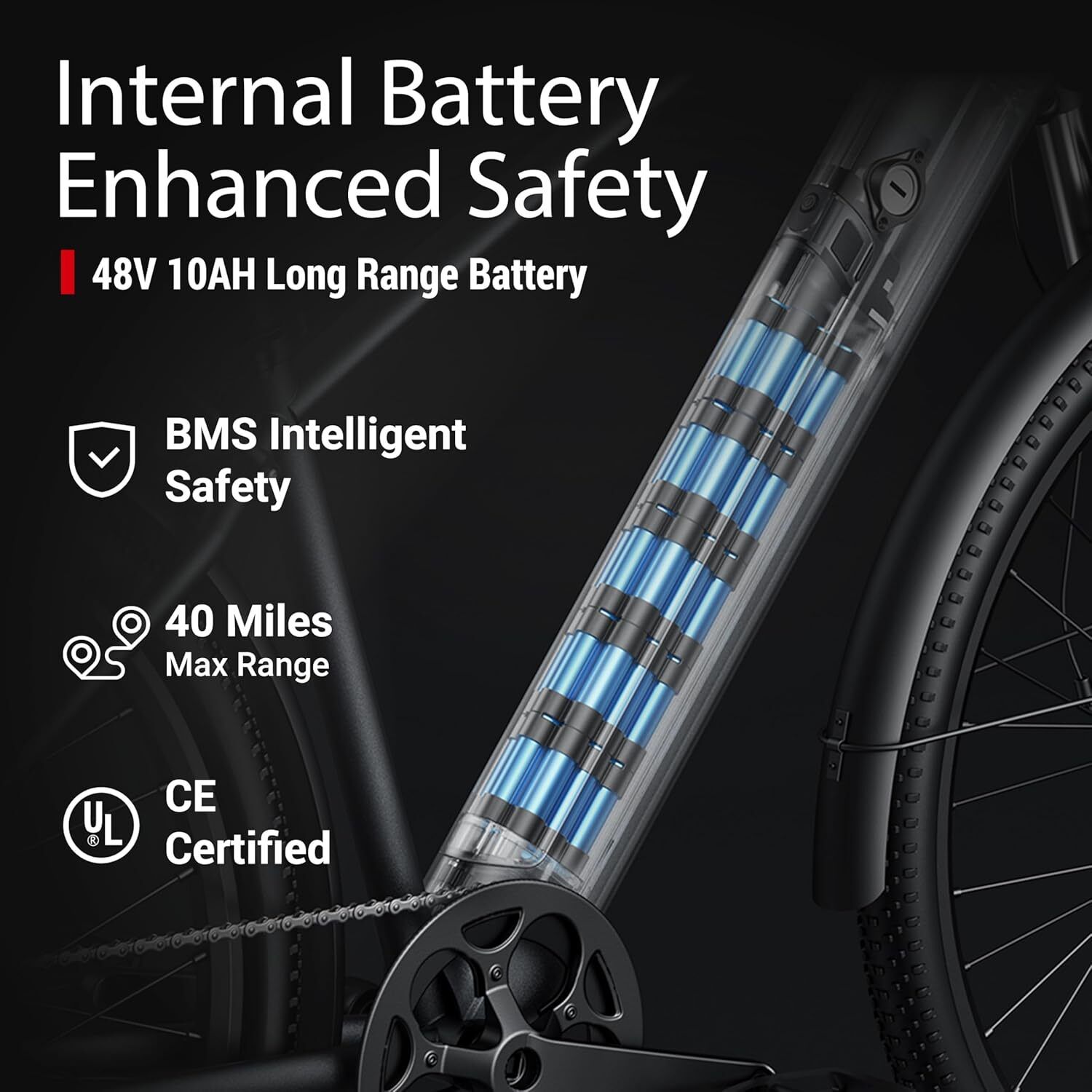 E-bike con batteria interna, 48V 10AH. Sicurezza BMS, autonomia 40 miglia, certificato CE. Bicicletta nera con vano batteria trasparente.