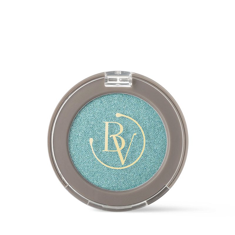 Ombretto turchese rotondo in confezione grigia. Logo 'BV'.