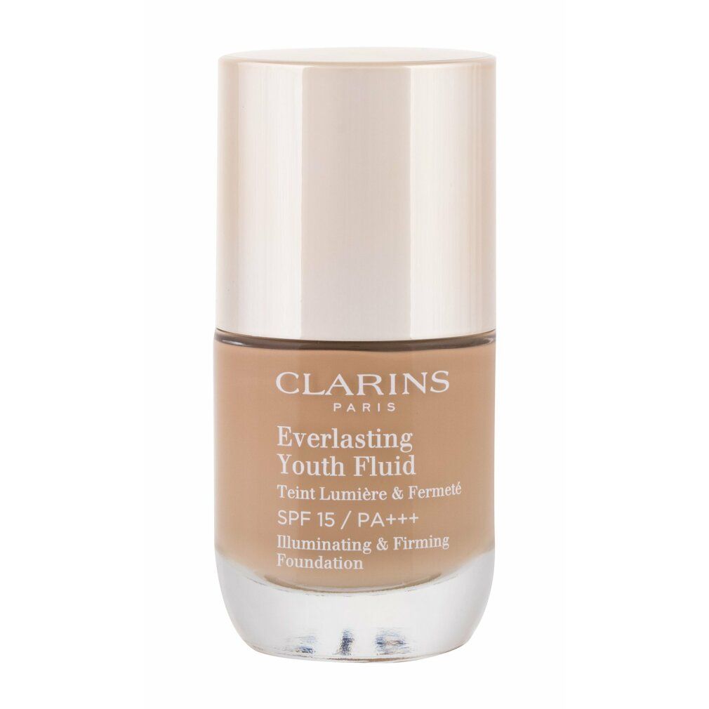Clarins Everlasting Youth Fluid SPF 15. Flacone con tappo chiaro. Scritta: SPF 15, Illuminating & Firming Foundation.