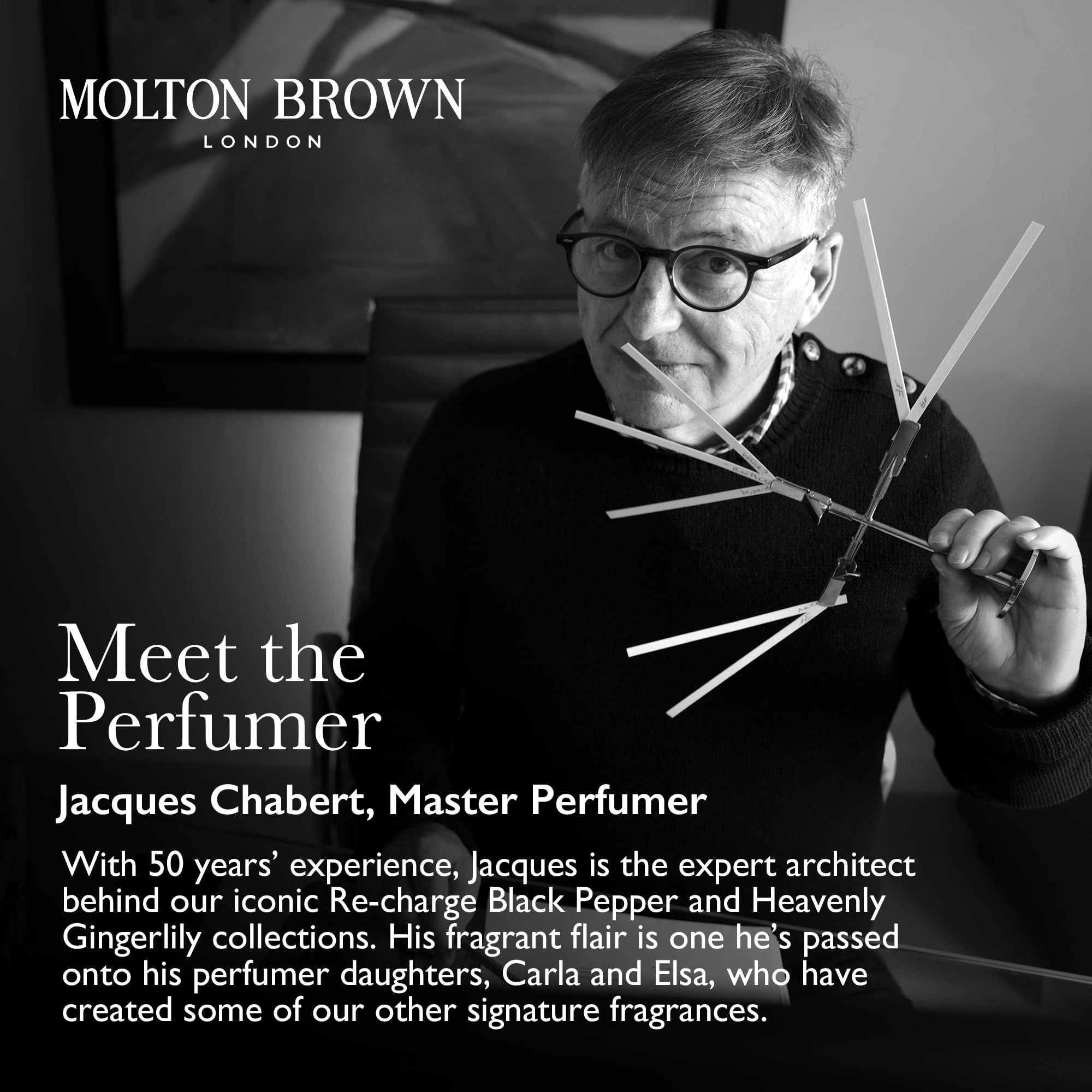 Foto in bianco e nero di Jacques Chabert, Master Profumiere. Testo: Molton Brown London, Meet the Perfumer.