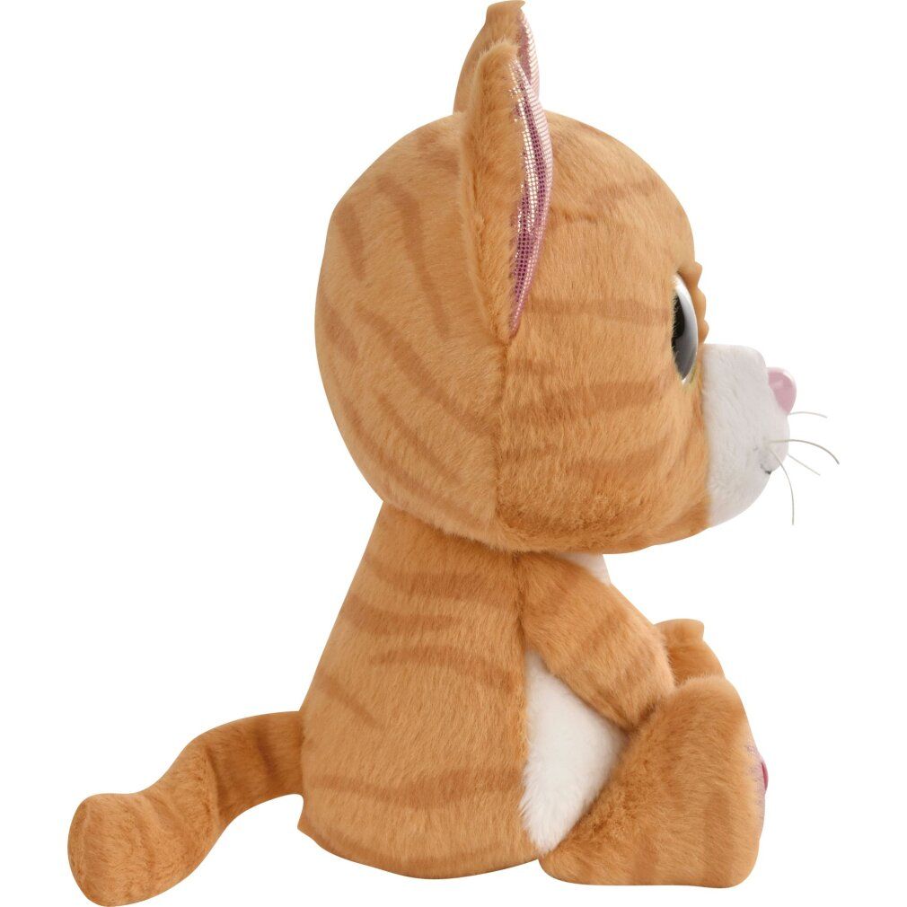 Vista laterale di un gatto tabby, ca. 15 cm, arancione-bianco. Posizione seduta. Sguardo verso destra. Coda dietro.